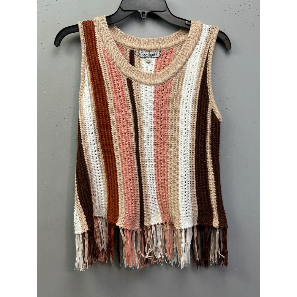 Crave Fame Knit Tank Top Womens Medium Multi Stripe Fringe Hem Boho Festival